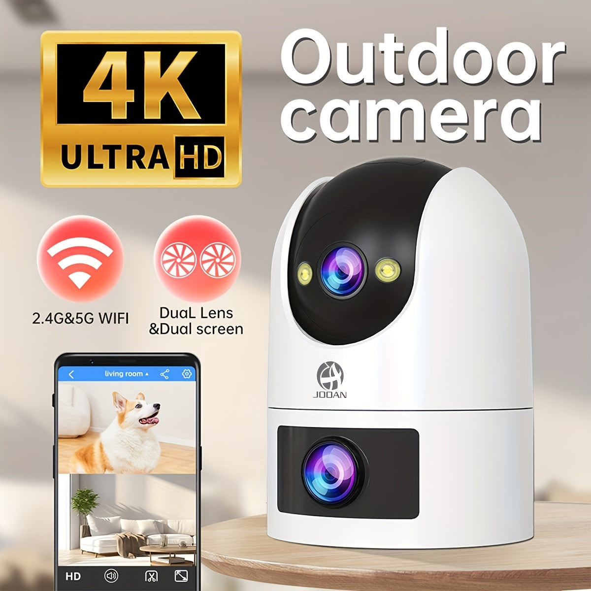 Enhance your home security with the JOOAN PTZ Dual Lens Camera featuring dual-screen display, 2.4G&5G connectivity, wall hanging option, crystal-clear 1296p video quality, two-way audio communication, convenient smartphone app control, perfect for indoor