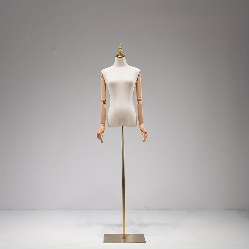 White mannequin with iron base, full body dress form with plastic arms - perfect for clothing display and wedding dress showcase.