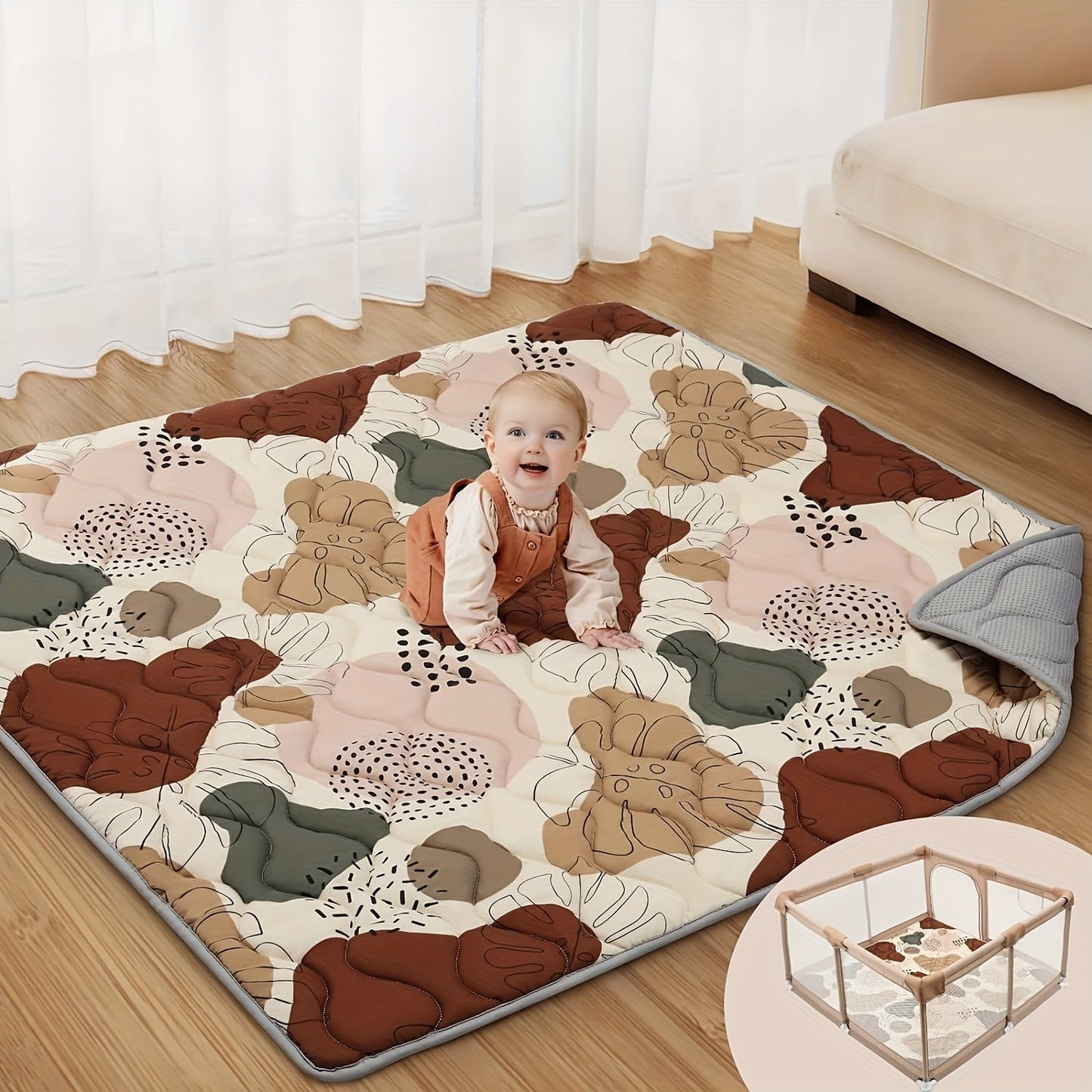 Foldable Thicker Foam Play Mat measuring 127.0cm X 127.0cm for Playpens & Floors - Soft, Non-Slip & Odor-Free Crawling Mat for Babies & Toddlers, Machine Washable with BOHO Design