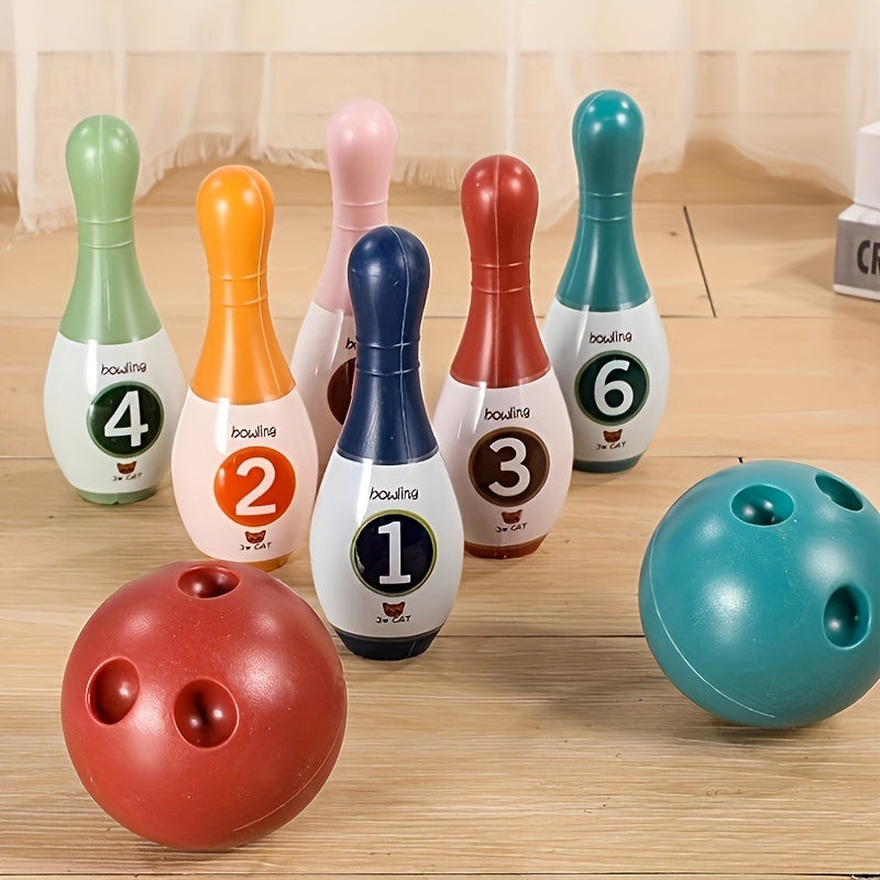 Toddler bowling set with 6 pins, 2 balls featuring dinosaur numbers. Perfect for birthday parties and indoor/outdoor play. Educational and fun for boys and girls. Random accessory colors.