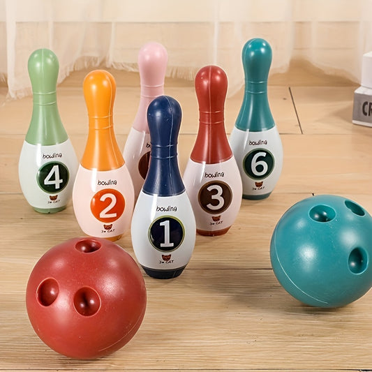 Toddler bowling set with 6 pins, 2 balls featuring dinosaur numbers. Perfect for birthday parties and indoor/outdoor play. Educational and fun for boys and girls. Random accessory colors.