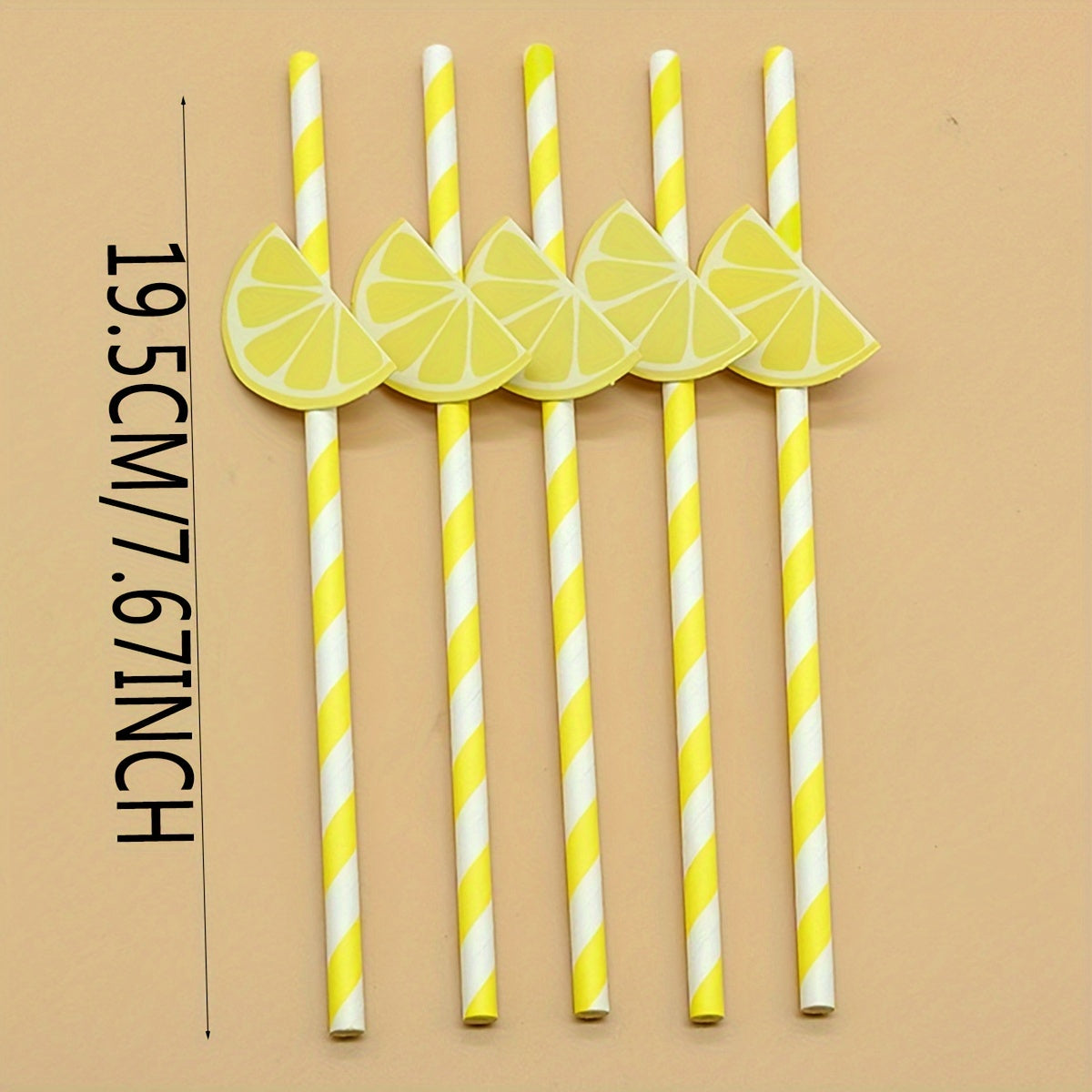 Pack of 10 Lemon Slice Paper Straws, Fun and Eco-Friendly Party Decor, Striped in Yellow and White, Bio-degradable Table Settings