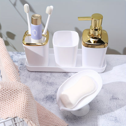 Stylish 5-piece black bathroom set with golden accents, includes lotion dispenser, toothbrush holder, cup, soap dish, and tray made of sleek plastic for elegant home decor.