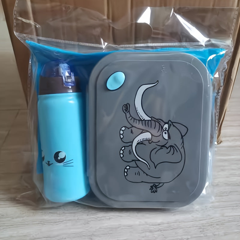 Cartoon Elephant Lunch Box Set with Water Bottle and Spoon, 1 Piece - Hand Wash Only, Made of Plastic, Rectangle Shape, Manual Operation, No Electricity Needed