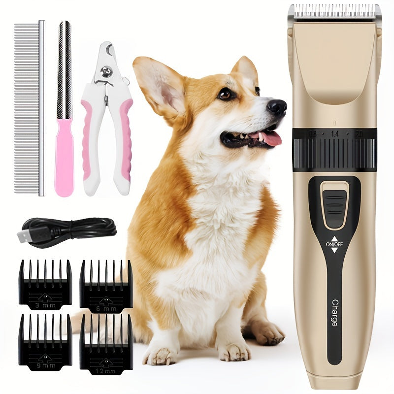 Rechargeable, quiet electric pet hair trimmer for thick coats with USB charging, cordless design and lithium battery. Includes 4 guide combs. Ideal for grooming dogs and cats.