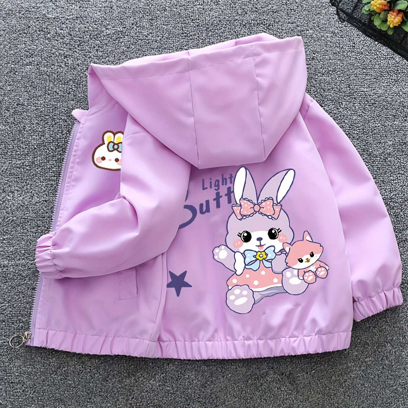 Adorable bunny print zip-up hooded windbreaker jacket for girls - great for street & casual outings.