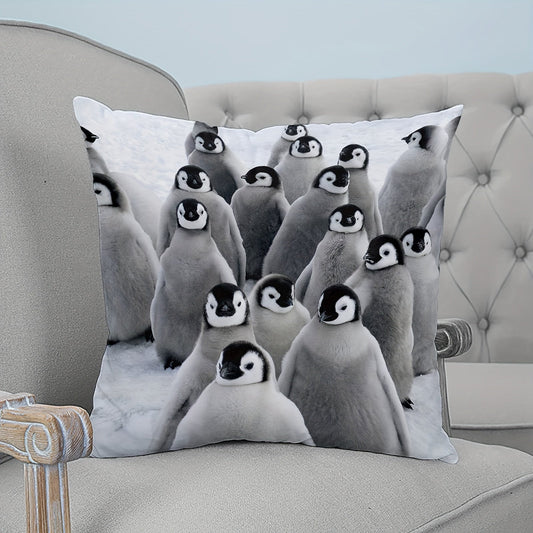 Decorative throw pillow cover featuring cute gray penguins, perfect for winter holidays. Made of soft material, this square cushion cover measures 45.72 x 45.72cm and is ideal for your home couch or sofa bed.