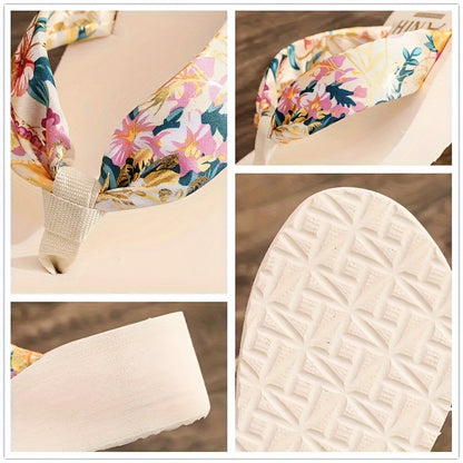 Floral print wedge flip flops with soft EVA sole, perfect for summer outings and holidays. Comfortable and stylish beachwear.