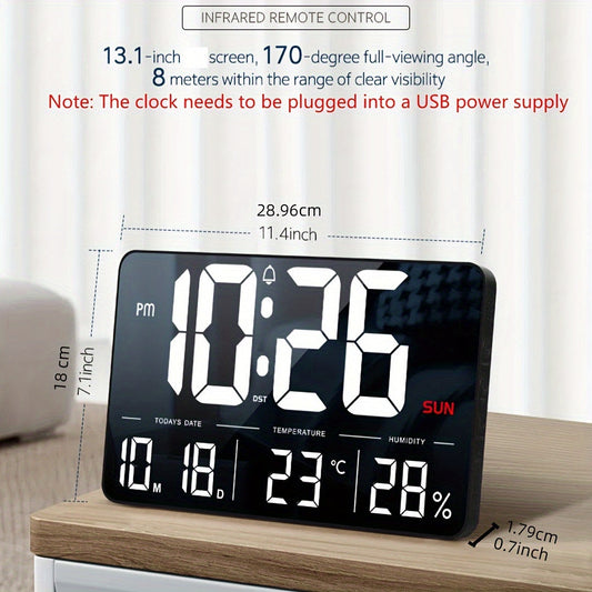 This LED Digital Wall Clock measures 33.27cm and comes with a remote control. It features adjustable brightness, a calendar, temperature display, and a snooze function. The clock can be set to display in 12 or 24-hour format and is ideal for use in the