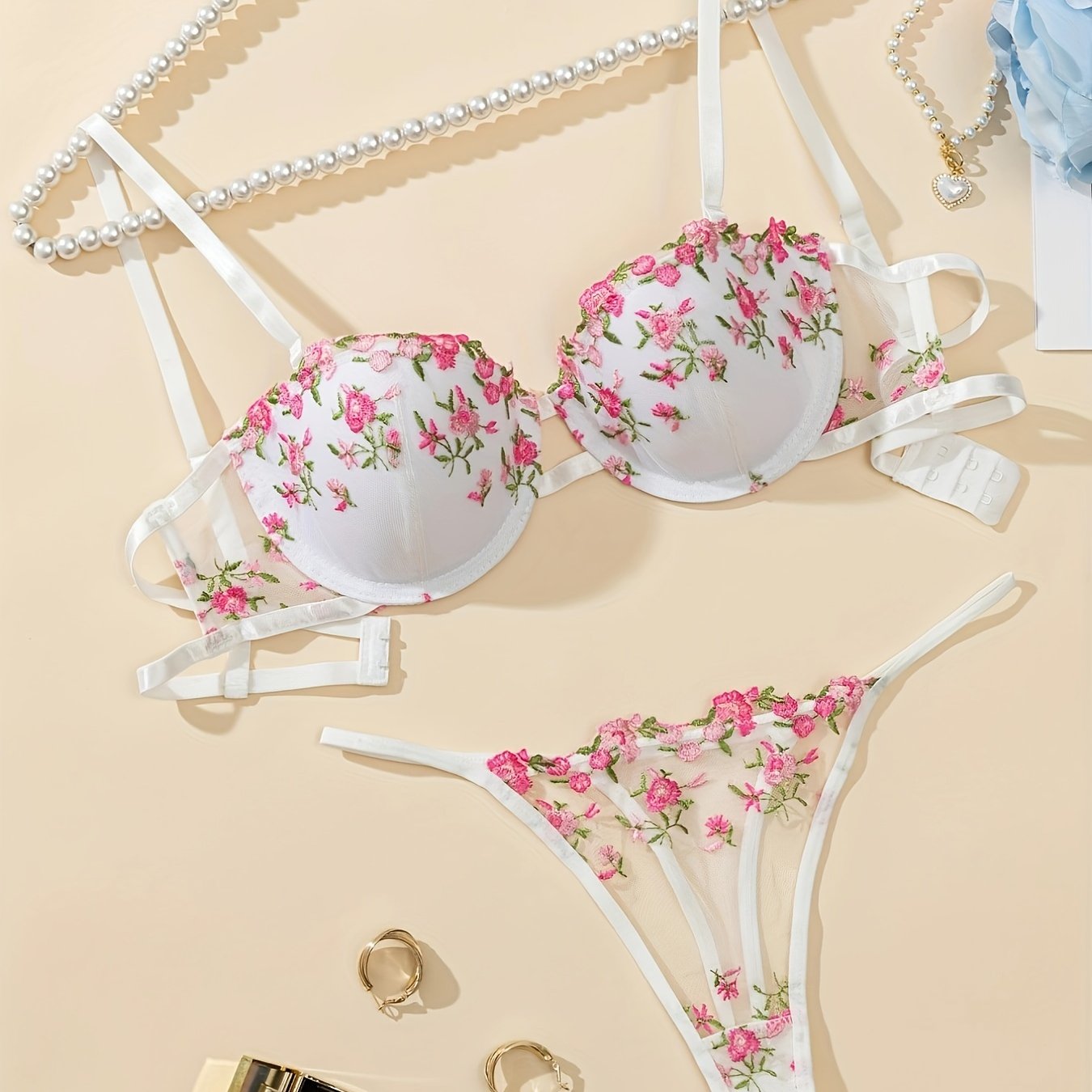 Floral embroidered lingerie set for women - underwire bra & mesh thong, breathable polyester blend, non-removable pads.