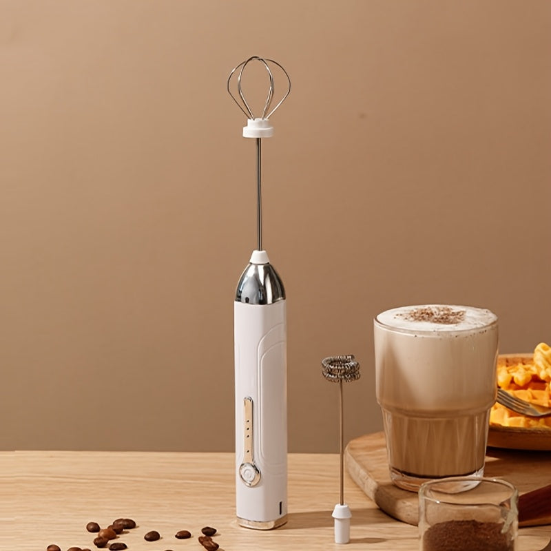 White Compact USB-Rechargeable Handheld Mixer and Milk Frother with Stainless Steel Whisk, Dual Interchangeable Heads for Egg Beating and Baking, 800mAh Lithium Battery, Perfect for Coffee and Cappuccino, Ideal for Household Baking Needs, Wireless Cream