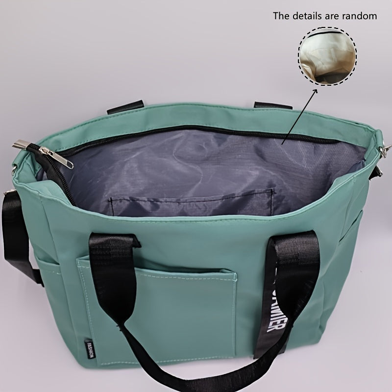 Versatile tote bag with multiple pockets, crossbody strap for travel and work, adjustable for school and everyday use.