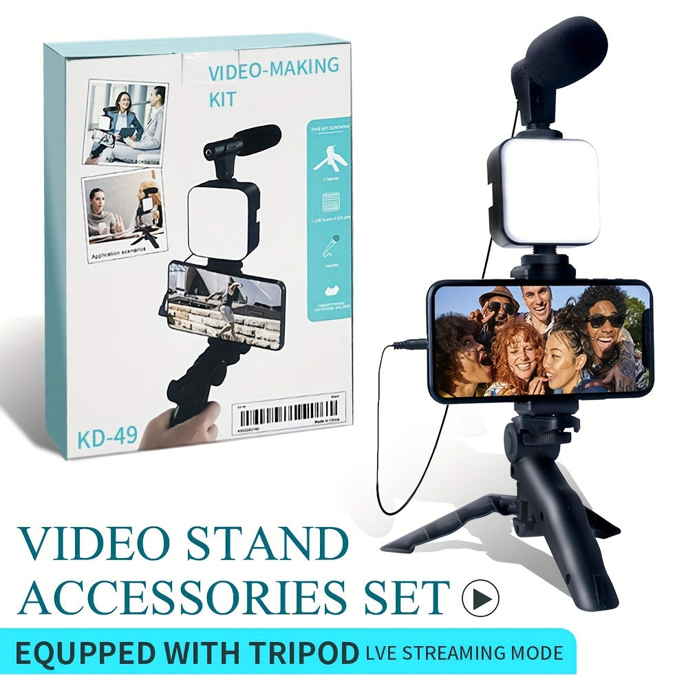 iPhone va Android bilan mos keladigan, Boshlovchilar uchun Video Blog qilish to'plami 10 dyuymli tripod, telefon ushlagichi va mini shotgun mikrofonini o'z ichiga oladi. Jonli efirlar, video qo'ng'iroqlar uchun ideal.