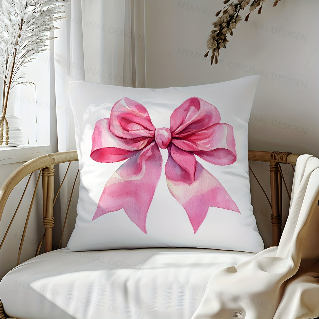 Chic pink bow print throw pillow cover, 44.96x44.96cm, contemporary style, 100% polyester with zip closure. Machine washable, perfect for living room sofa and bedroom decor. (Pillow insert not included) Great for couches.