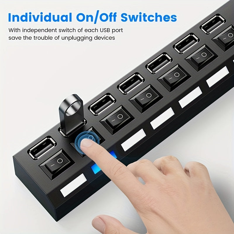 2pcs/1pc USB 2.0 Adapter Hub with 7 Ports/4 Ports and LED Light, Independent Power On/Off. For data transmission only, not for charging. Compatible with computer, tablet, and laptop.