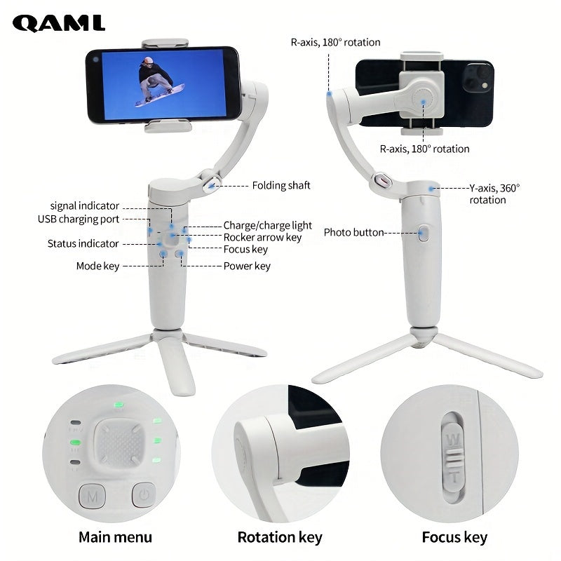 QAML 3-осевой стабилизатор для смартфонов - USB перезаряжаемый, беспроводное соединение, отслеживание лиц и объектов, замедленная съемка - совместим с iPhone, Xiaomi, Samsung - идеально подходит для влогов и