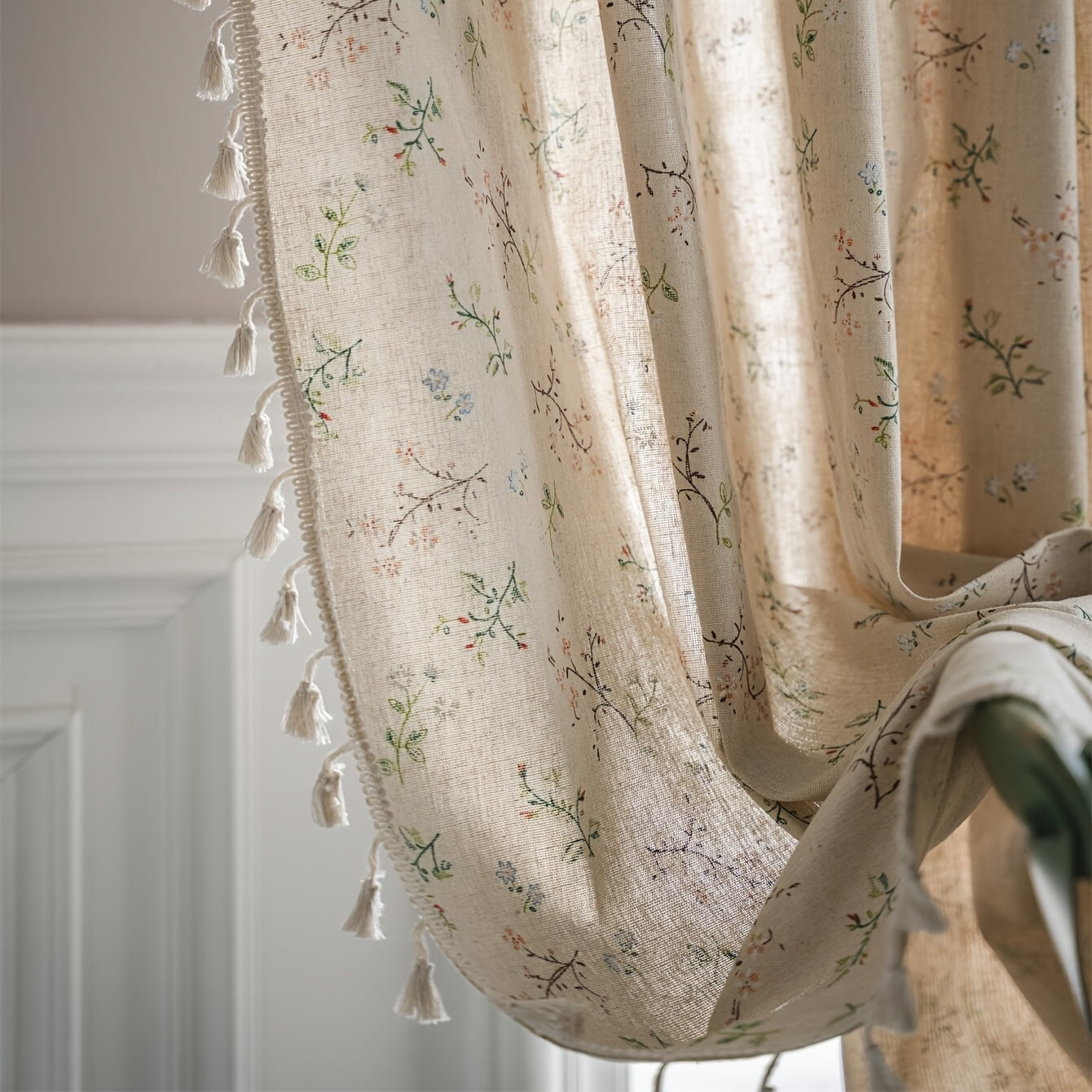 Bohemian floral milk-white and linen print curtain with semi-shading features, perfect for various spaces such as living room, bedroom, classroom, office, bay window, dining room, or kitchen. The curtain has a rod pocket design with beige fringe for