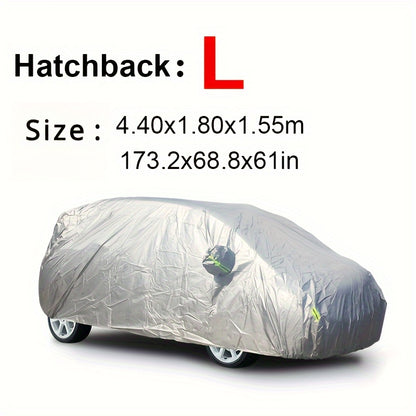 Car cover with UV and dust protection, suitable for cars, pickups, SUVs, and hatchbacks. Features reflective strip for added protection. Suitable for outdoor use.