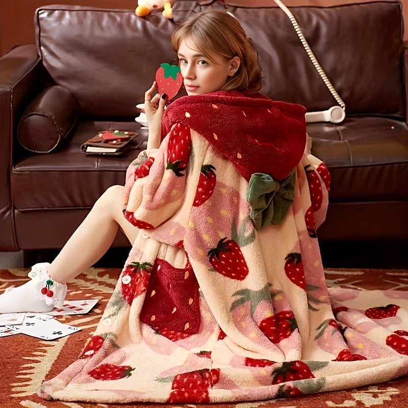 Warm up in style with this Strawberry Women's Robe made of Coral Fleece for Autumn and Winter. Stay cozy and fashionable both inside the house and outdoors with this versatile hoodie blanket.