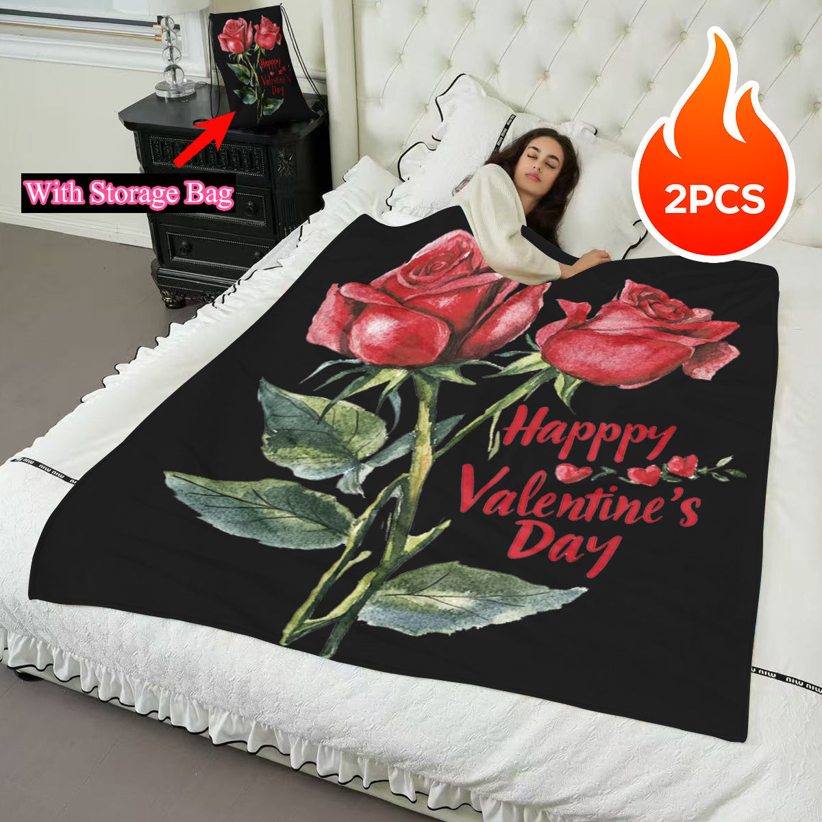 Valentine's Day Red Rose Flannel Throw Blanket Set featuring a Multi-Purpose Pocket - Cozy, Gentle on Skin, and Reversible for Year-Round Comfort - Ideal Present for Those you Cherish