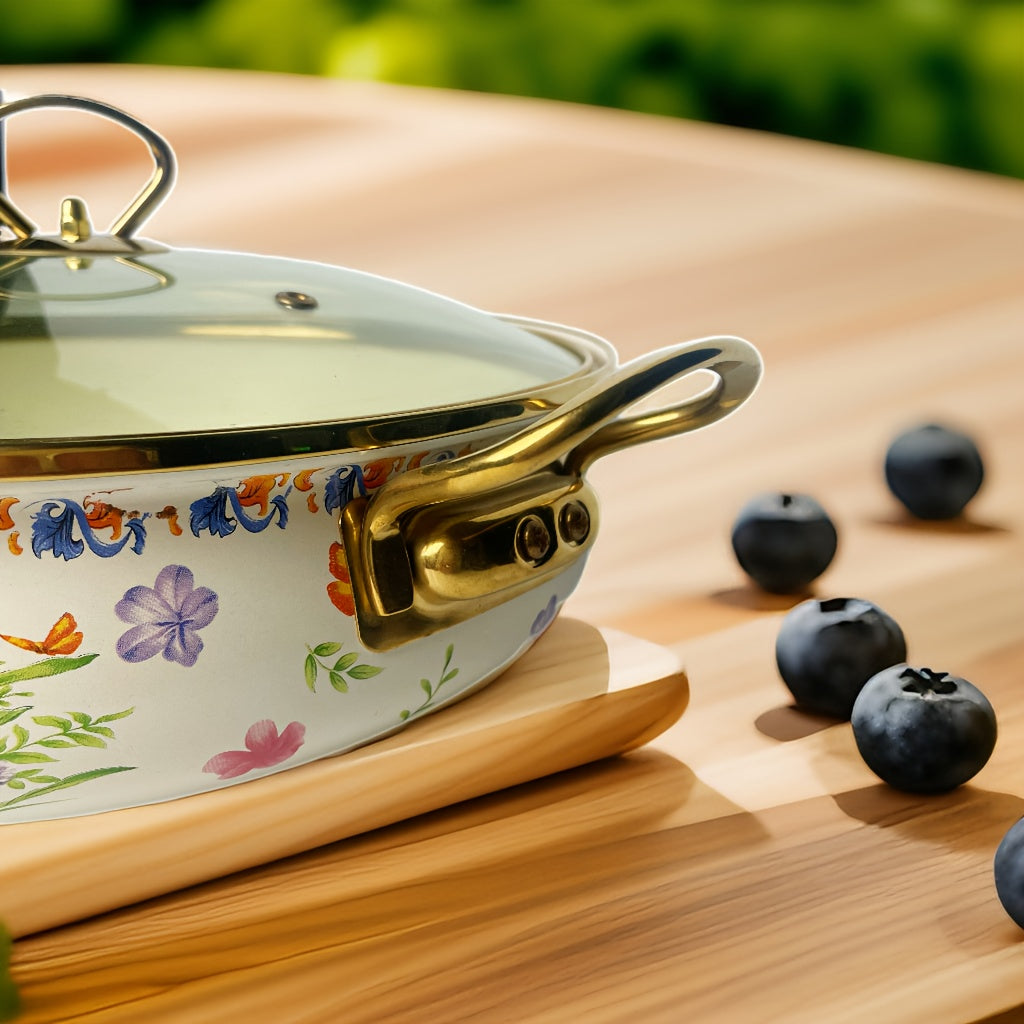 Large Capacity Enamel Stockpot with Lid Featuring Vintage Floral Design and Thickened Enamel Soup Pot with Dual Handles, Perfect for Home Cooking