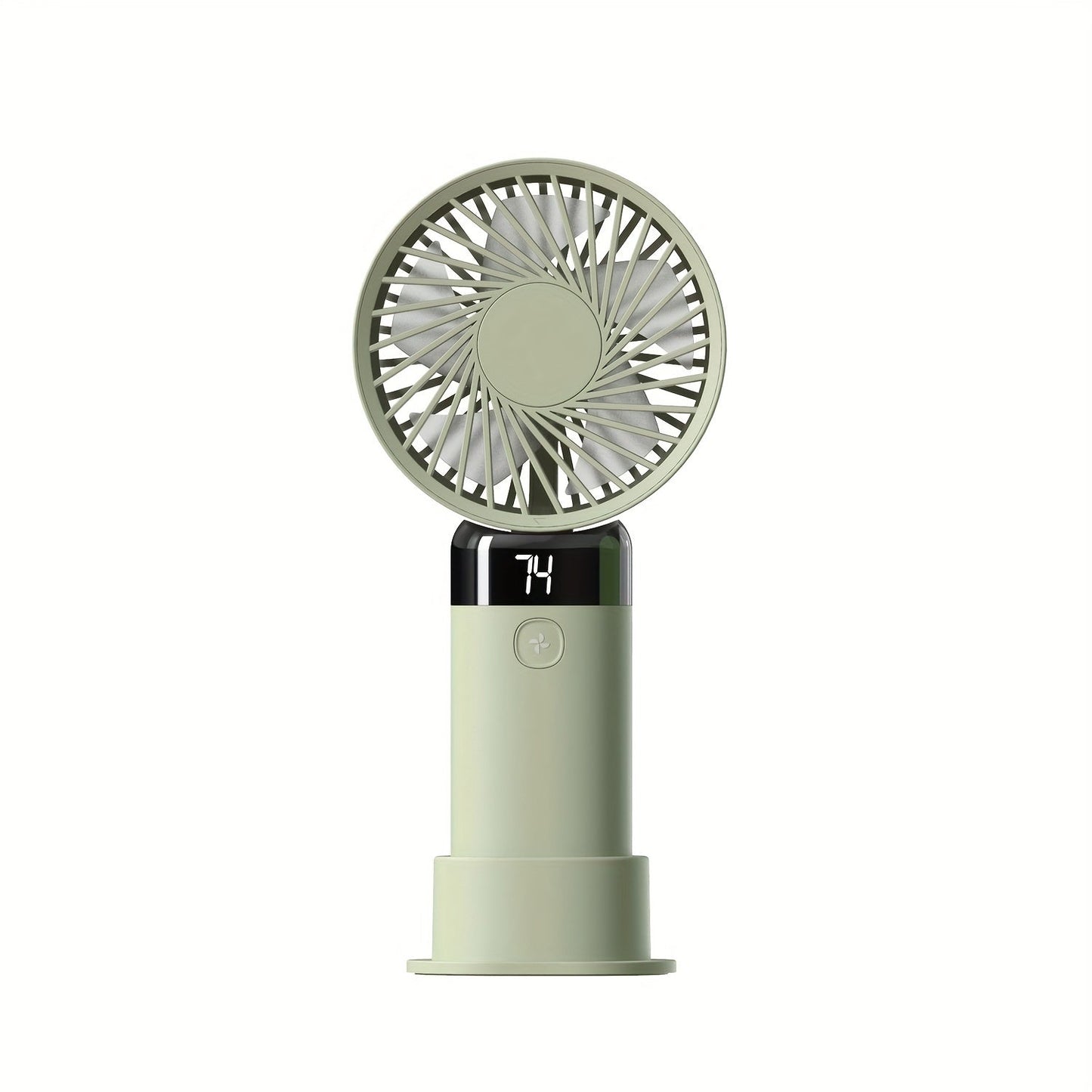 Portable handheld/desktop mini fan with adjustable angle, featuring 3 speeds, a digital display, long-lasting battery, dual-use standing and handheld design, USB charging, low-noise operation, and compact size ideal for office desk, bedside, or outdoor