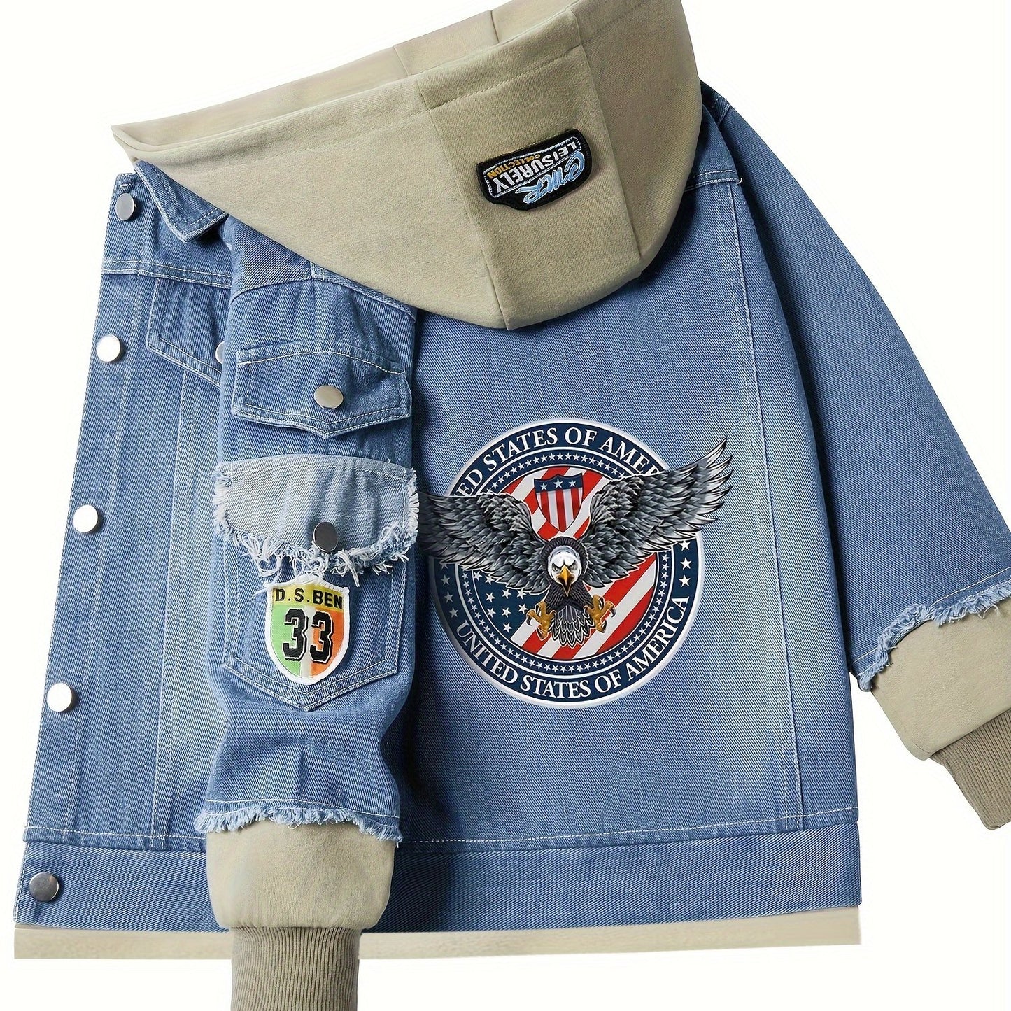 Hooded denim jacket featuring a cartoon eagle anime design, perfect for truck driver cosplay.