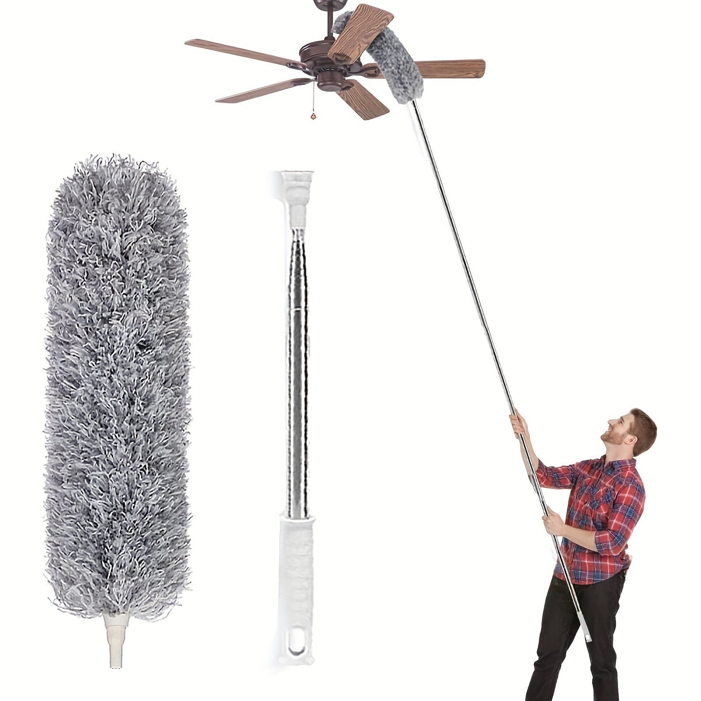 One piece of retractable dusters with a bendable head for dust removal, ideal for cleaning high ceilings, furniture, cars, and other surfaces. This reusable and washable duster is a versatile cleaning tool for all your cleaning needs.