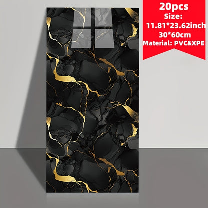 Set of 20 marble tile wall stickers, easily cut, install, and remove. Waterproof self-adhesive boards suitable for various rooms. Size: 59.99 * 29.97 cm. Ideal for kitchens, living rooms