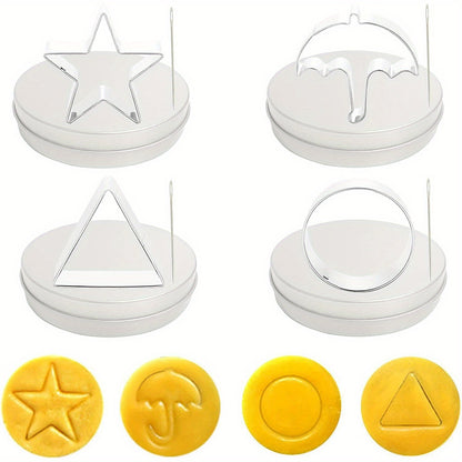 Set of 4 stainless steel cookie cutters: star, umbrella, triangle, and circle. Includes 4 mold boxes for baking cakes and cookies.