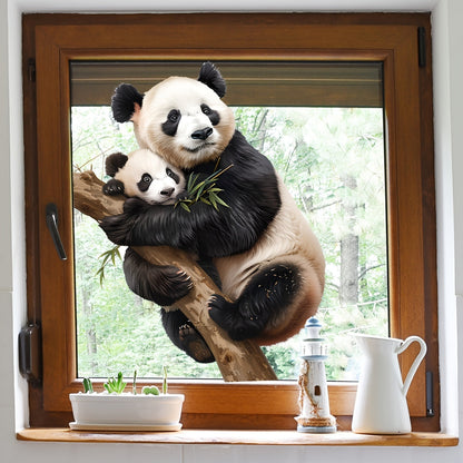 Dual-Sided Window Cling featuring a Realistic Panda Family - Reusable Vinyl Decal with Electrostatic Adhesion for Home and Office Decor