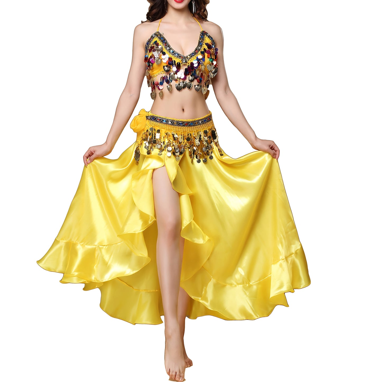 Adult women's belly dance costume set includes bra, belt, and flowy skirt in red/yellow/black polyester fiber for stage performances.