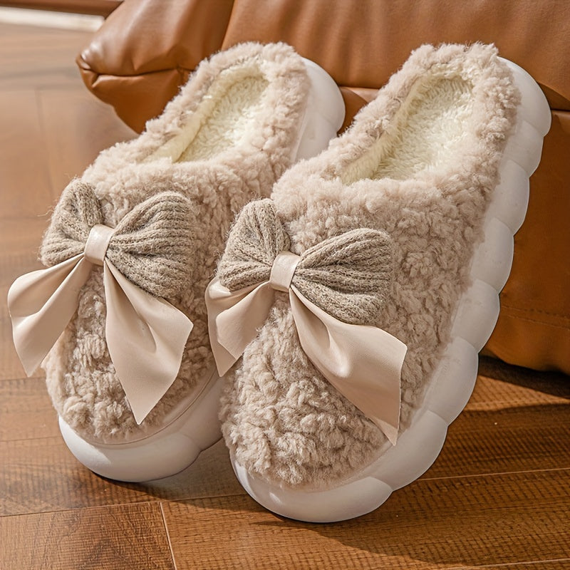 Women's winter warm plush slippers with bowknot detail and non-slip sole, perfect for autumn/winter indoor wear.