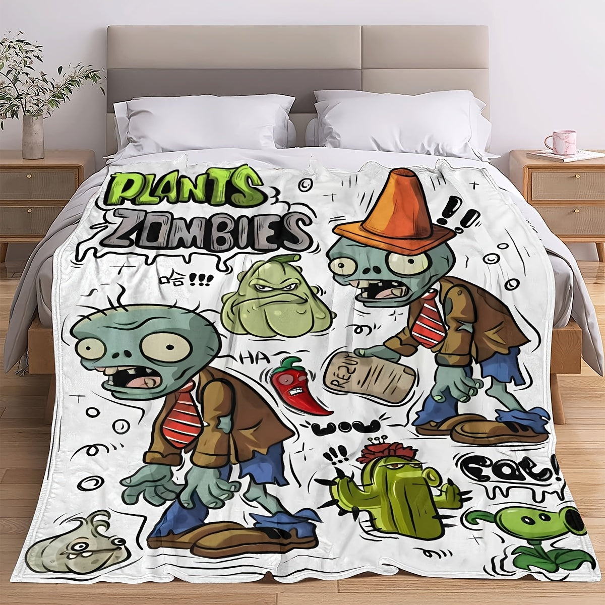 Soft, warm, and cozy flannel throw blanket featuring a versatile plant and zombie design - ideal for couches, beds, offices, and travel. Makes a perfect gift idea.