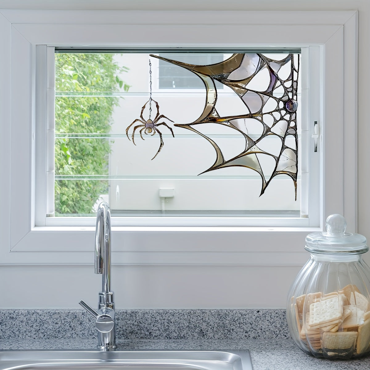 Halloween-themed Spider Web Window Film Decal, with a modern twist. Made from Static Cling PVC material that is reusable and easy to apply. Featuring a 5mil thickness for durability, this decal showcases a striking Spider and Web Design with double-sided