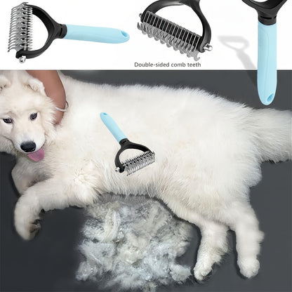 Durable stainless steel pet comb for cats and dogs, removes mats and tangles efficiently.