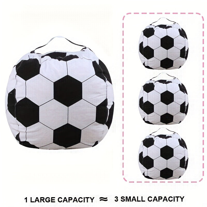 Large soccer ball bean bag chair cover with stuffed sloth plush toy included. Made of polyester material, foldable and hand washable. Can be used as a multipurpose room decor for teen boys. No electricity or batteries required.