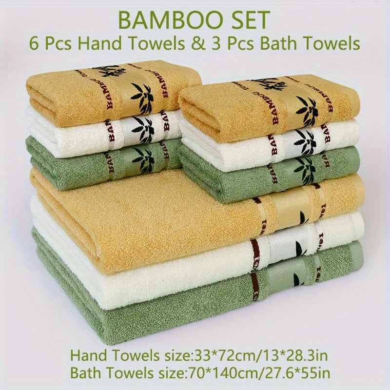 Bamboo Bliss 9 dona sochiq to'plami - 70% bambuk tolasi, 30% paxta, yumshoq va tez quriydigan, 6 ta qo'l sochiq va 3 ta hammom sochiqni o'z ichiga oladi, tikilgan, hammom va sport zaliga mo'ljallangan, yuvish matolari.