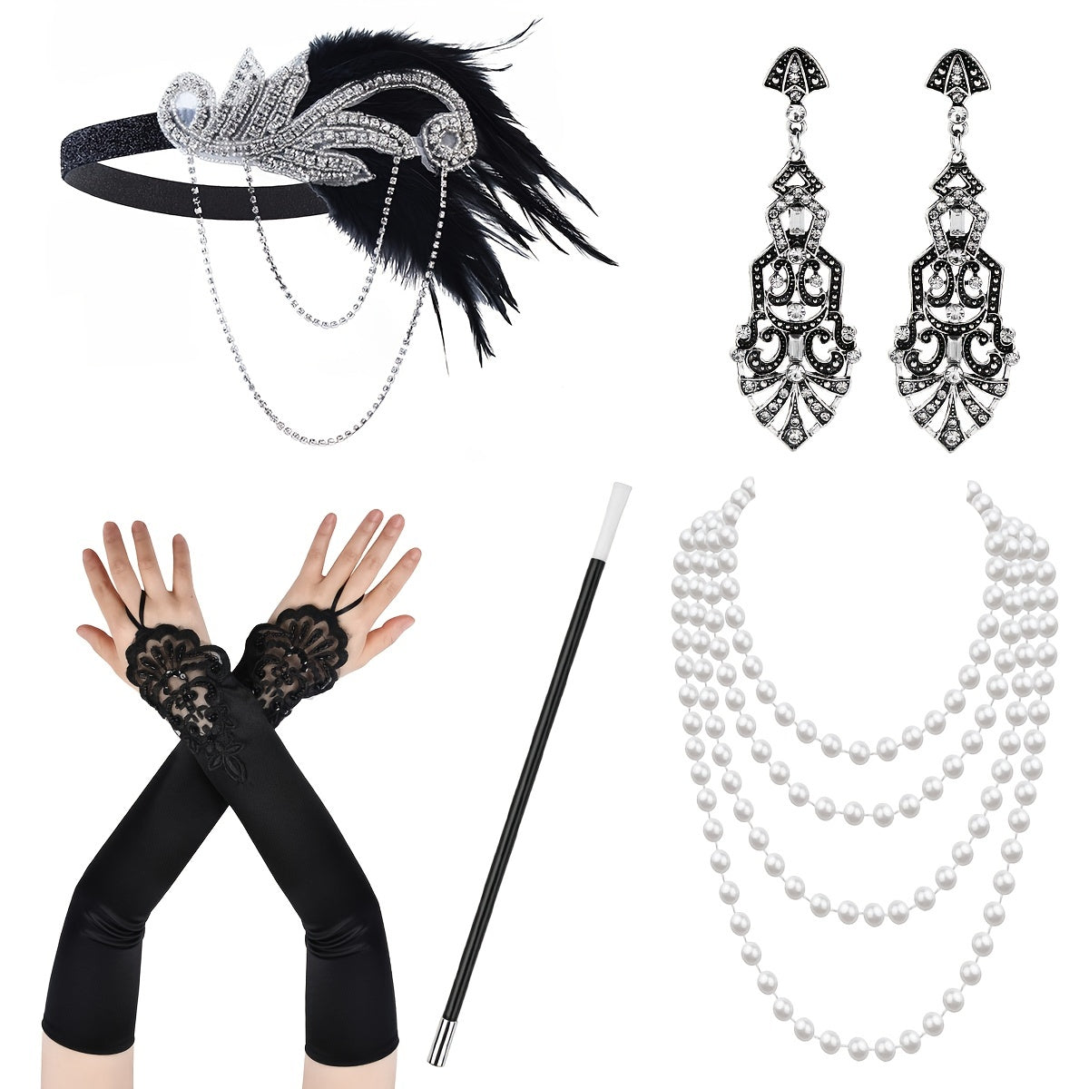 The Gatsby themed set includes a feather headband, gloves, cigarette holder, earrings, pearl necklace, single party makeup, dance Halloween carnival party lady skirt accessories, headwear, hand decoration, long pearl necklace, simulation pipe, and a