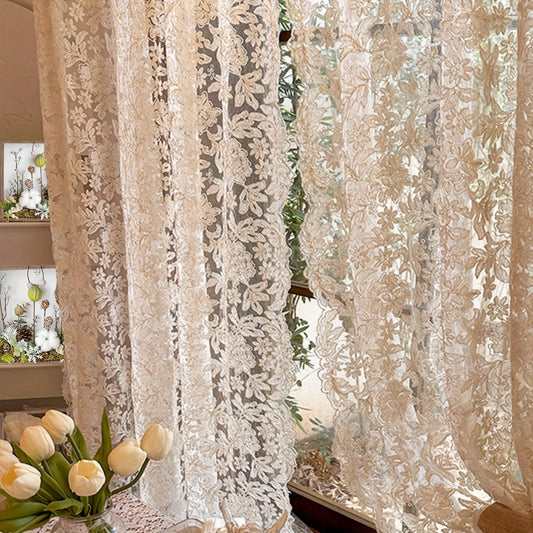 Vintage jacquard sheer curtain set with lace embroidered panels for bedroom, kitchen, restaurants. Washable and unlined, perfect for all seasons with a romantic theme.