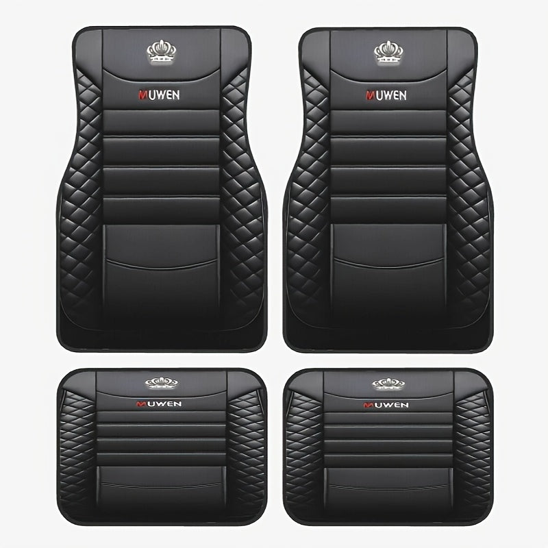 Universal fit PE car floor mats set, 4 pieces, non-slip, durable, elegant pattern design for most vehicles.