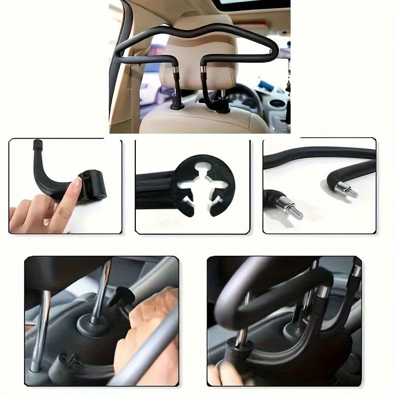 Adjustable stainless steel car seat headrest hanger for vehicle interior, with suction cup hooks.