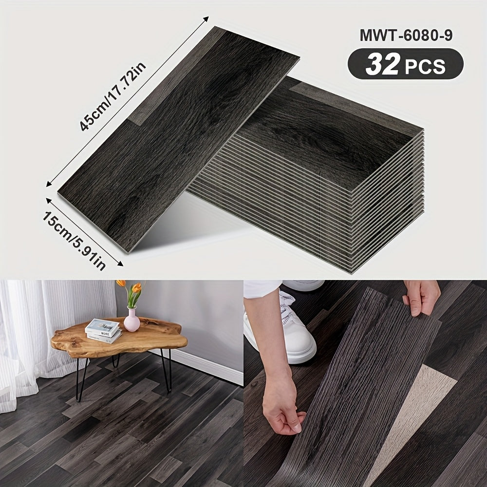 32 peel and paste floor tiles with wood grain design, 45cmx15cm, self-adhesive, waterproof, suitable for bedroom and home decor.