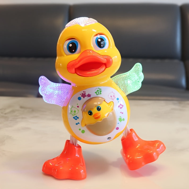 Electric Dancing Duck Toy features blinking lights, music, and adorable cartoon design – a fun interactive toy for kids, powered by batteries (not included). Makes a great gift for Christmas, Halloween, and any holiday season. Perfect for young children.