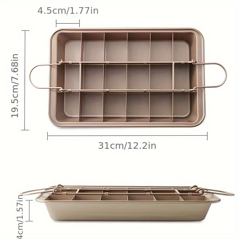 Cake Pan With Dividers, 1 piece, measures 30.99cm X 19.51cm. Also includes a Mini Loaf Pan and a Non-Stick Square Muffin Pan. This Bakeware set is essential for your baking needs and is suitable for use in the oven. Perfect addition to your Kitchen