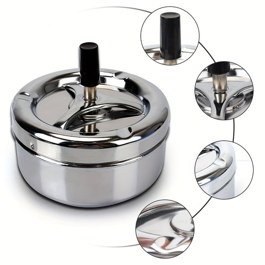 Durable stainless steel ashtray with rotating lid for home, office, hotel.