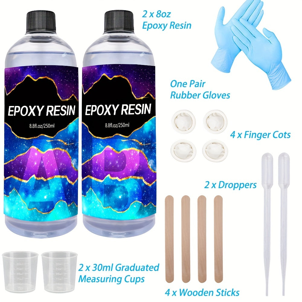 Crystal clear epoxy resin kit with measuring cup, stir stick, and gloves - ideal for mold casting, jewelry making, and crafts, with no bubbles.