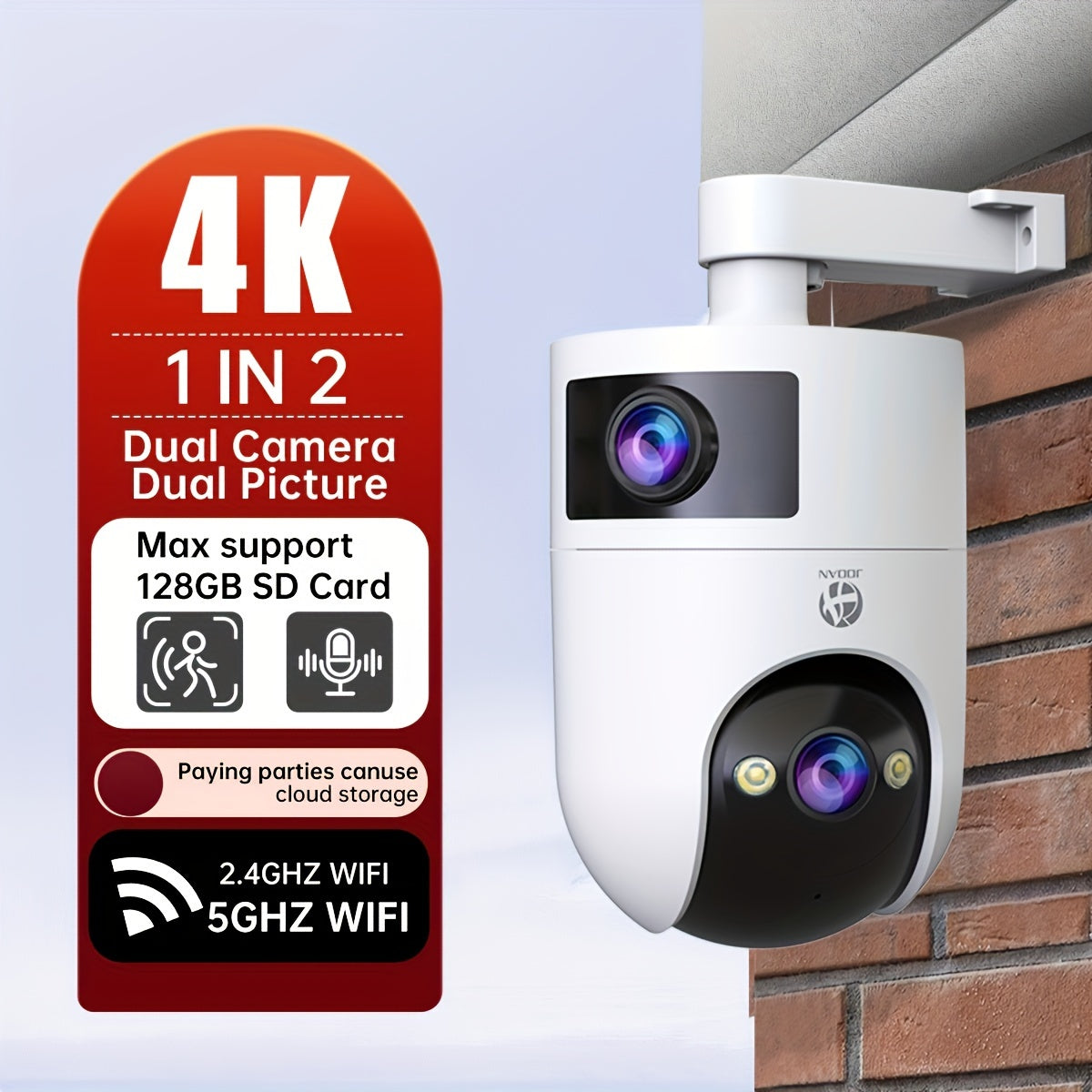 Get the JOOAN 4K Dual Camera Security System for top-notch protection! With 2.4G/5G WiFi compatibility, USB power, anti-theft features, all-day video recording, alarms, audio capabilities, and the ability to use indoors or outdoors, this system has it