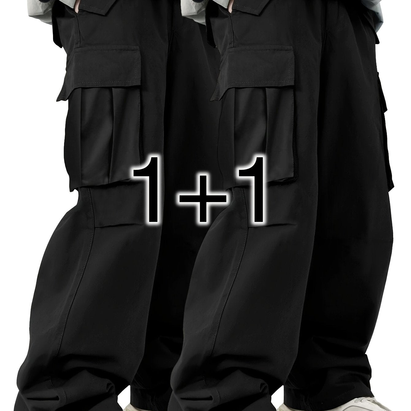 Two men's casual cargo pants with flap pockets in a solid color, loose fit, made of machine-washable polyester.