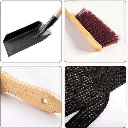 1 set of fireplace cleaning tools includes 4 pieces, such as a shovel, natural wood stove brush, black silicone gloves, and a sturdy fireplace ash shovel. These tools are durable and simple to use.